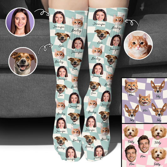 Any Photo Upload On Plaid Pattern With Many Background Color - Personalized Cat Socks