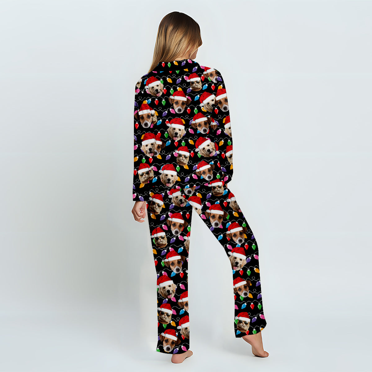 Any Photo Upload Colorful Christmas Light - Personalized Dog Button Down Pajamas