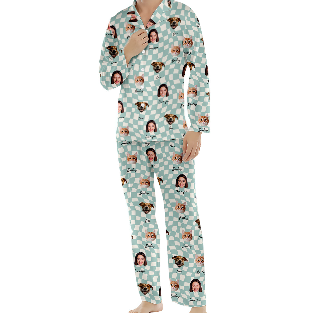 Any Photo Upload On Plaid Pattern With Many Background Color - Personalized Cat Button Down Pajamas
