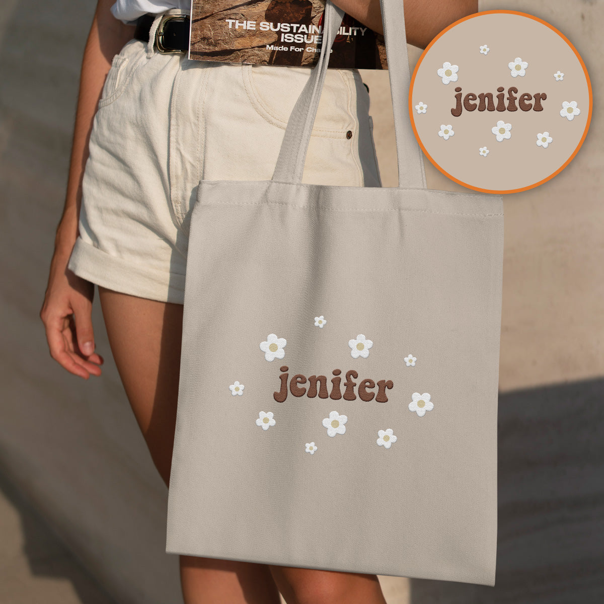 Custom Name With Flower - Personalized Daughter Embroidered Tote Bag