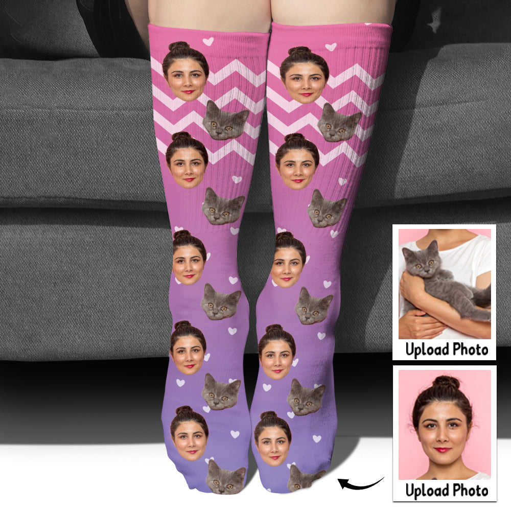 Custom Face Purple Pattern - Personalized Cat Socks