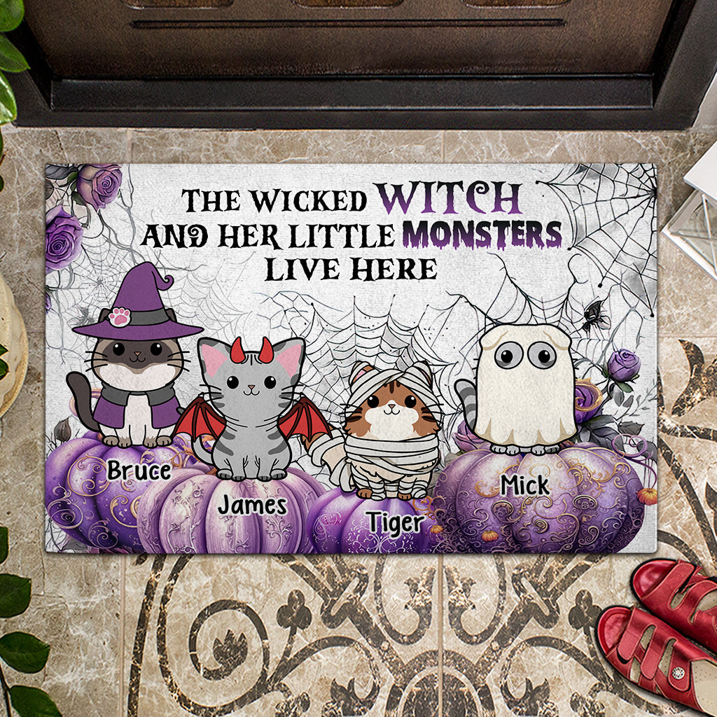 A Wicked Witch And Little Monsters - Personalized Cat Doormat