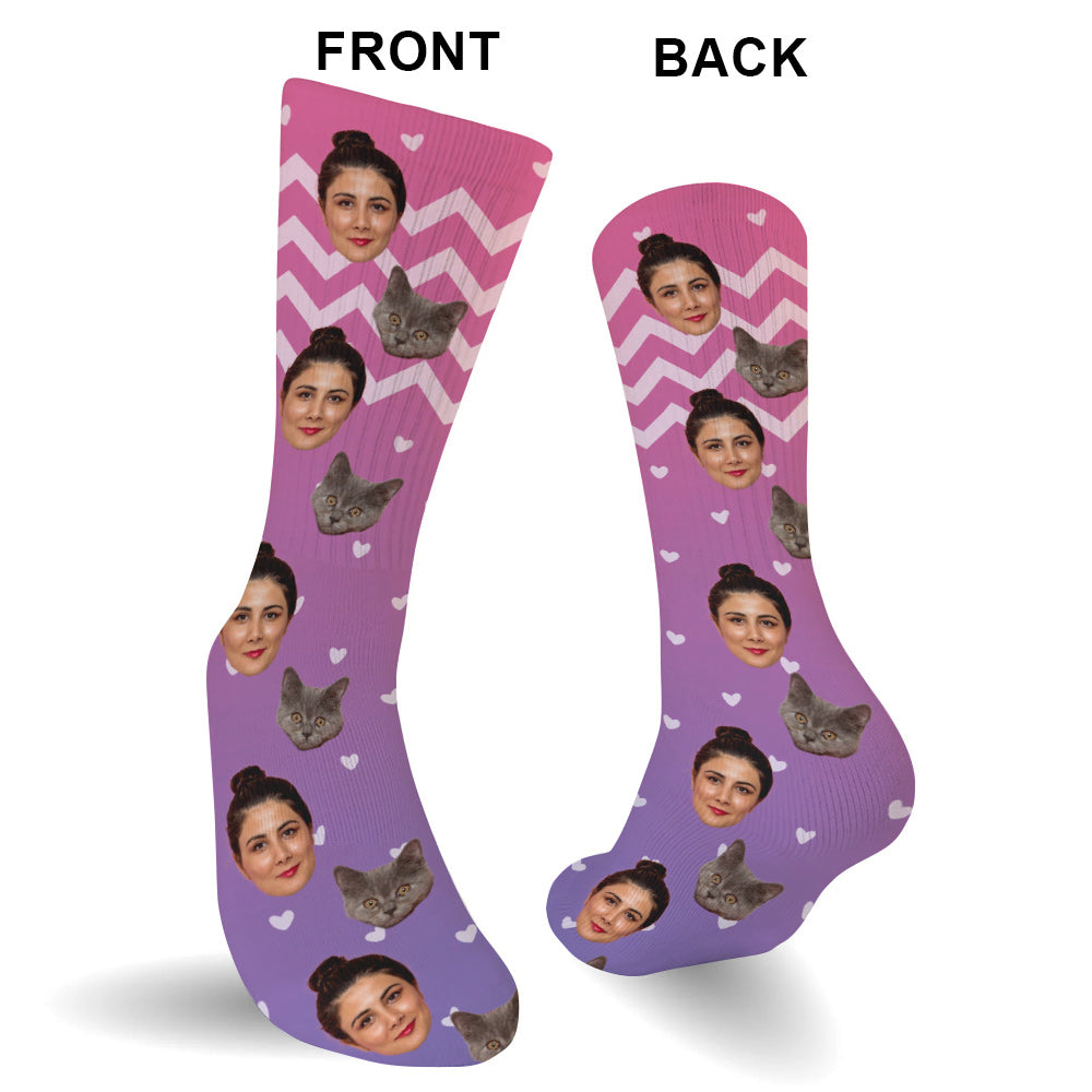 Custom Face Purple Pattern - Personalized Cat Socks