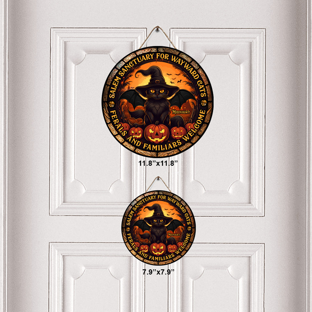 Salem Sanctuary for Wayward Cats - Personalized Black Cat Round Wood Sign