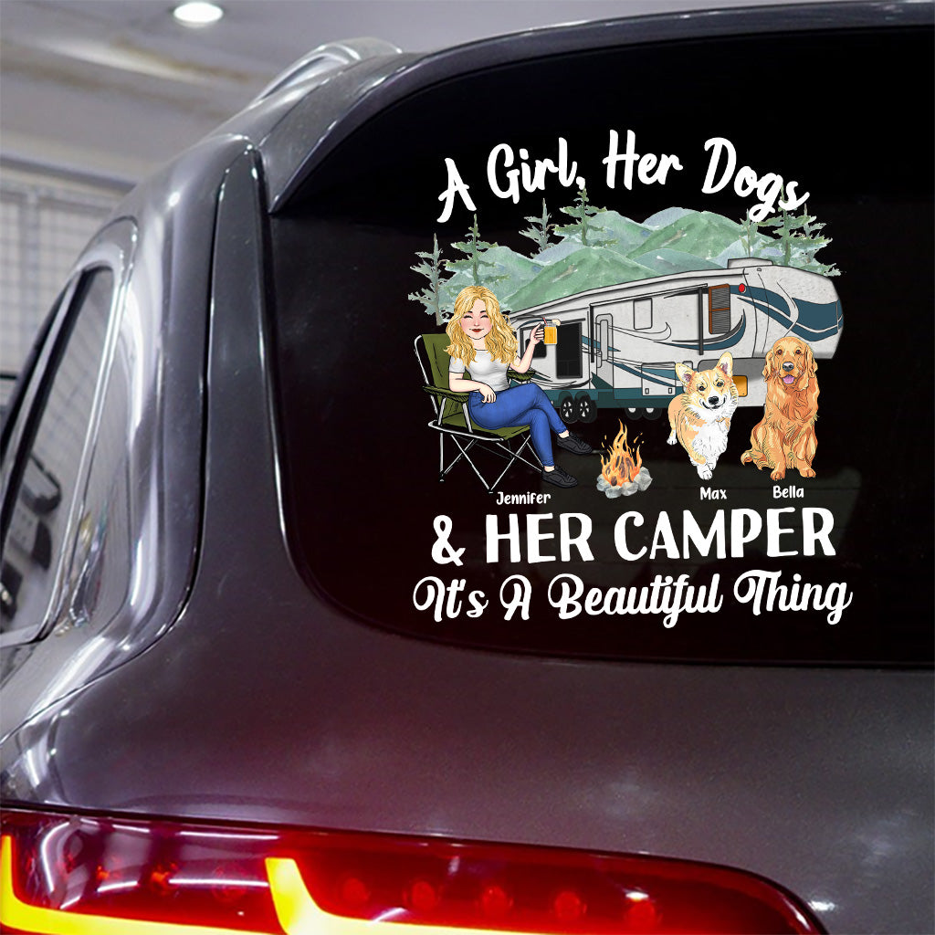 A Girl Her Dog And Her Camper - Personalized Camping Decal Full