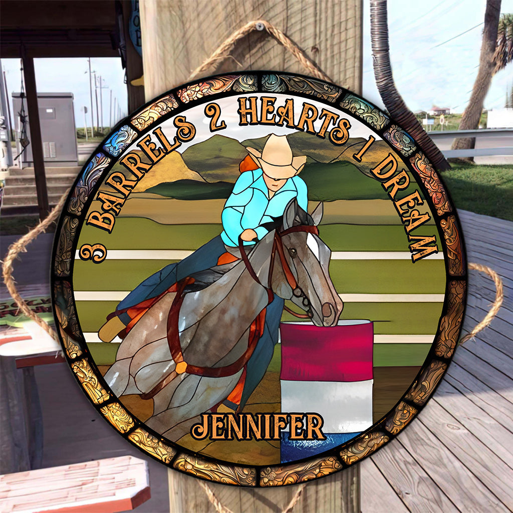 3 Barrels 2 Hearts 1 Dream - Personalized Horse Round Wood Sign