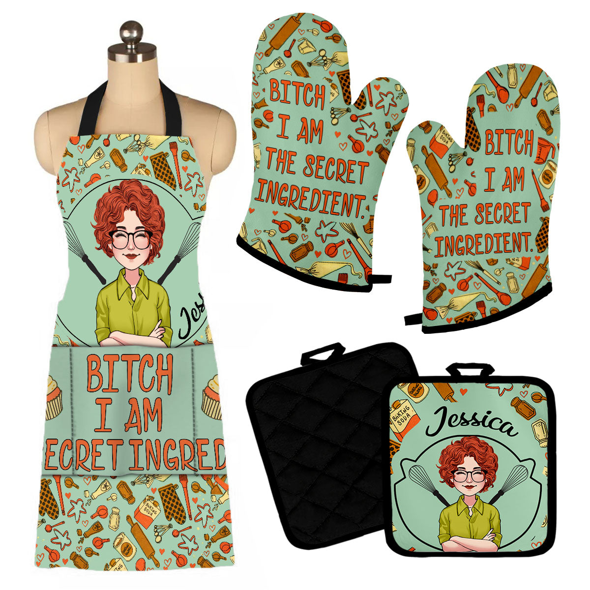 I Am The Secret Ingredient - Personalized Baking Apron, Oven Mitts & Pot Holder