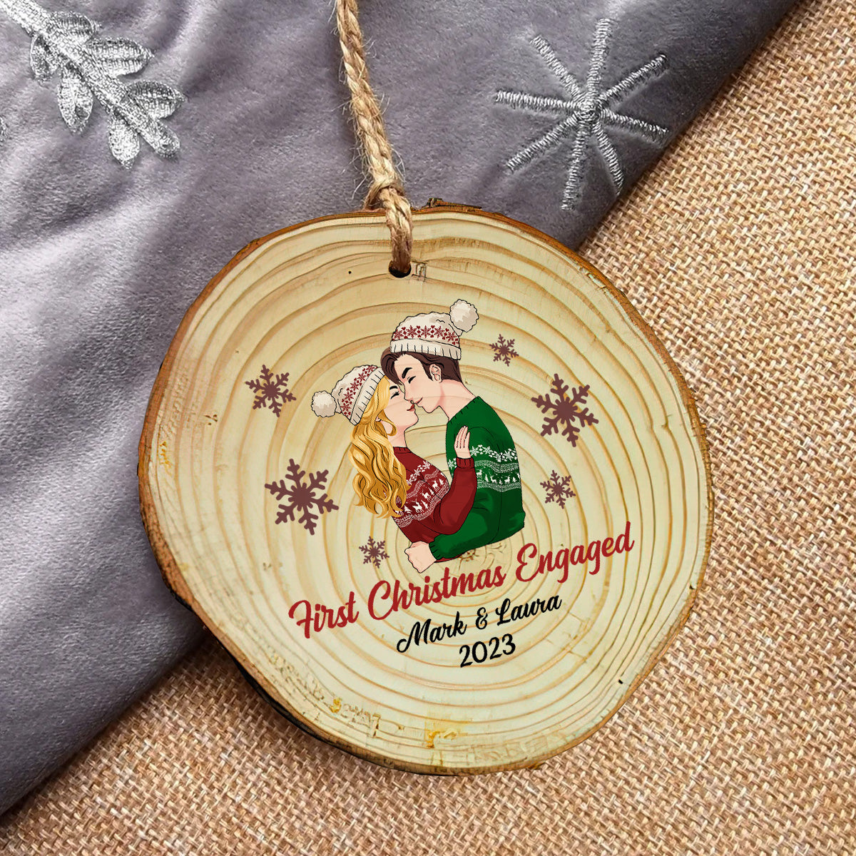 First Christmas Engaged - gift for boyfriend, girlfriend - Personalized Slice Wood Ornament