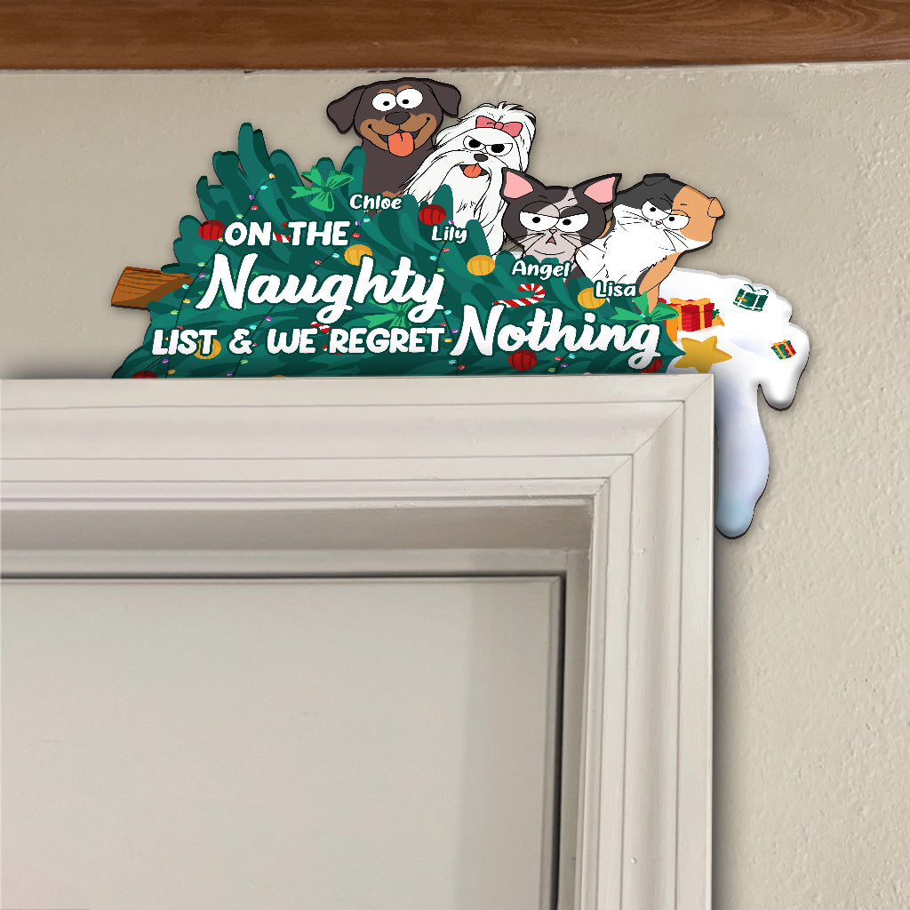 On The Naughty List And We Regret Nothing - Personalized Cat Door Frame Decoration
