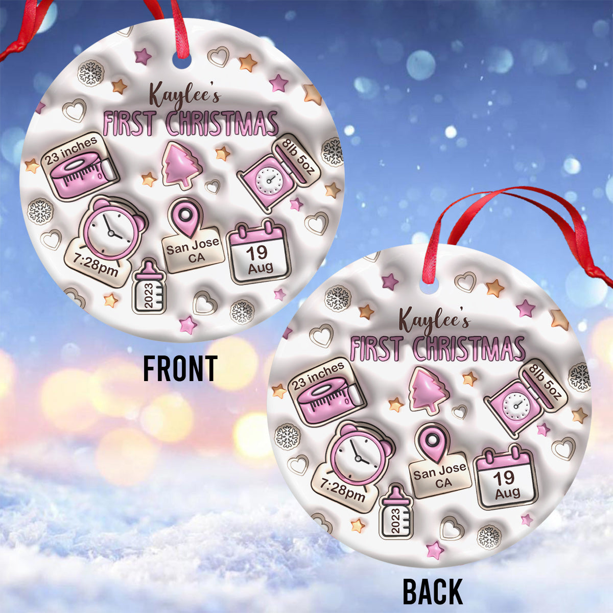 Inflated Baby Birth Stats - Gift for Newborn, mom, dad, grandson, granddaughter - Personalized Ceramic Circle Ornament