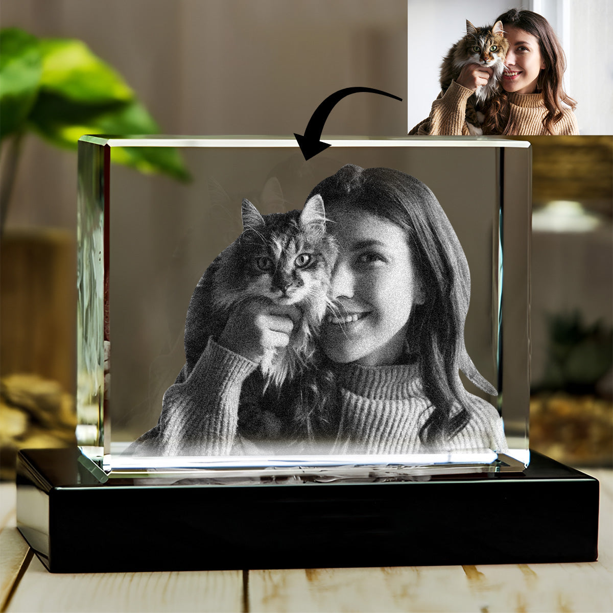 Custom Photo - Personalized Cat Laser Engraving 3D Cuboid Shaped Crystal Lamp