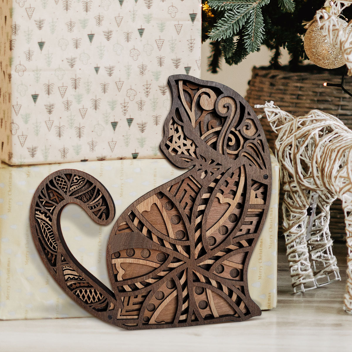 Personalized Handcrafted Wooden Cat Sculpture - Personalized Cat 4 Layer Wooden Art