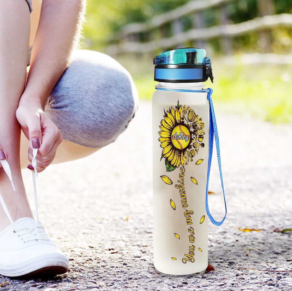 You Are My Sunshine Softball - Personalized Softball Water Tracker Bottle