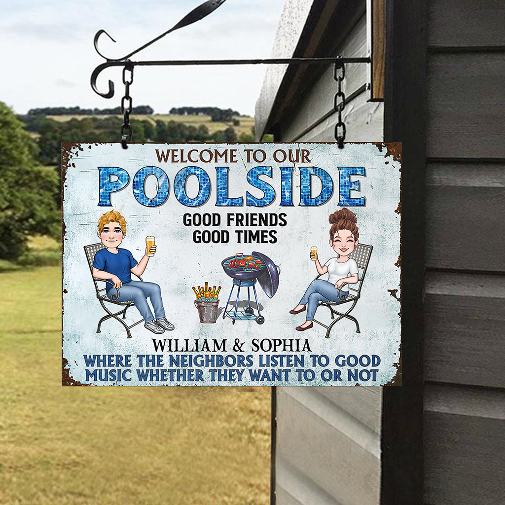 Welcome To Our Poolside - Personalized Backyard Rectangle Metal Sign