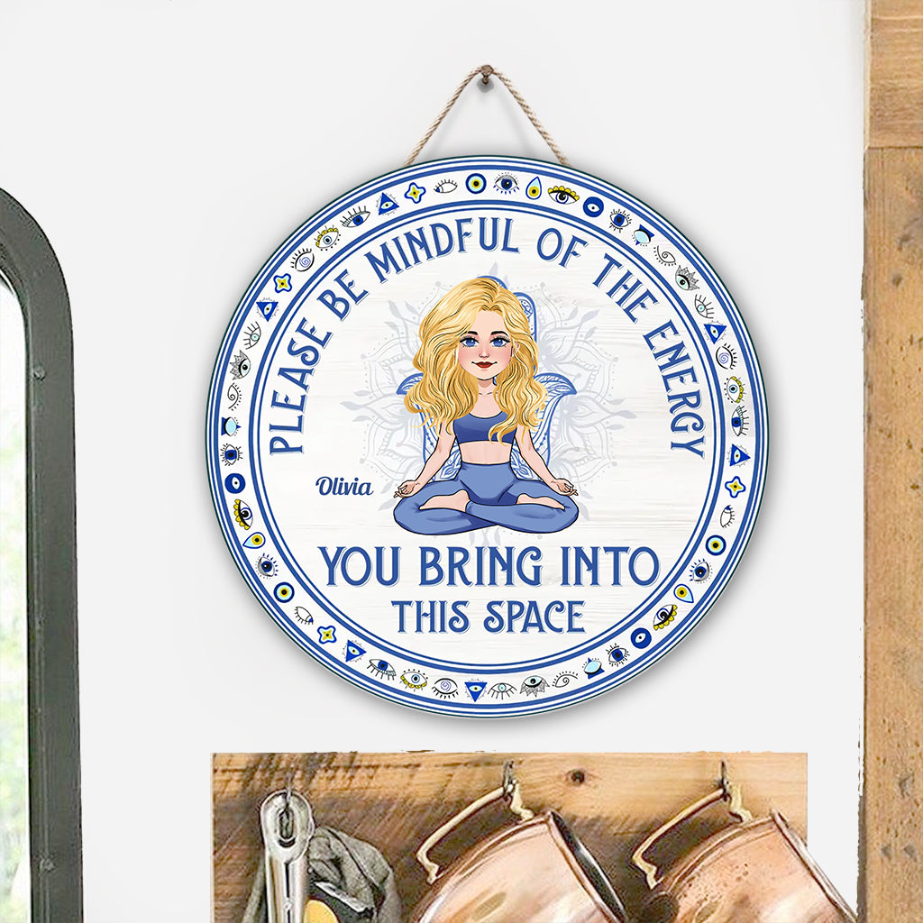 Please Be Mindful - Personalized Yoga Round Wood Sign