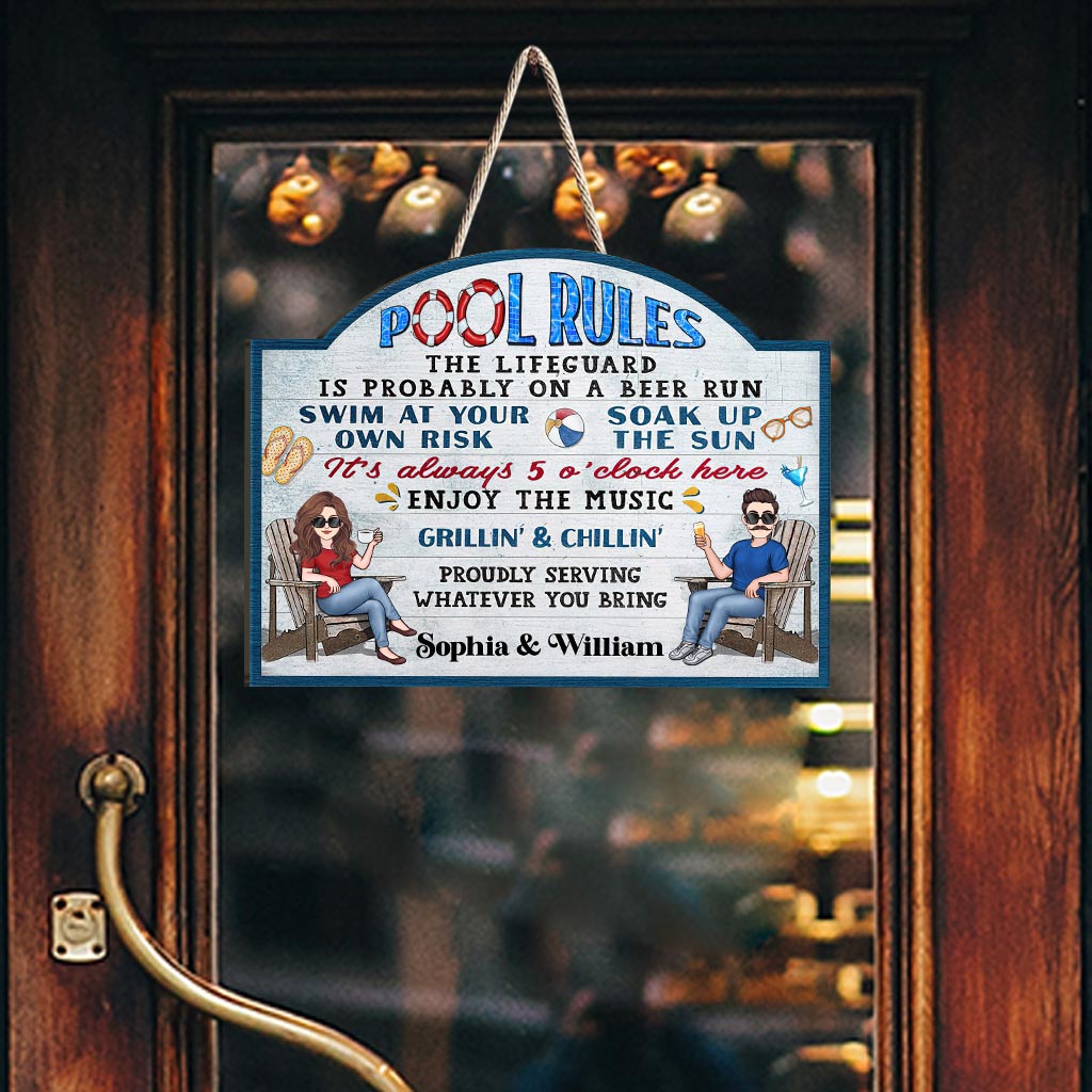 Pool Rules Swim At Your Own Risk - Personalized Backyard Wood Sign