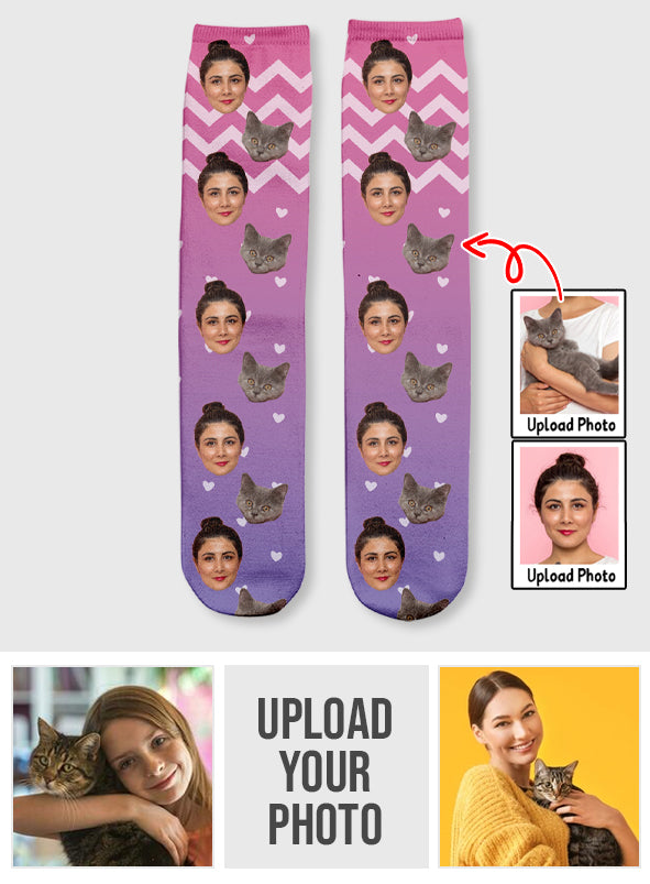 Custom Face Purple Pattern - Personalized Cat Socks