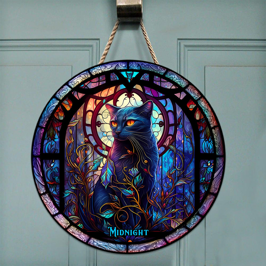 Black Cat - Personalized Black Cat Round Wood Sign