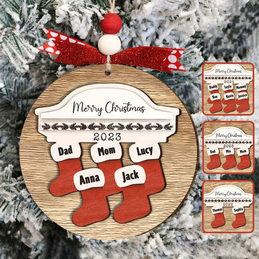 Merry Christmas - Personalized Family 2 Layered Wooden Ornament