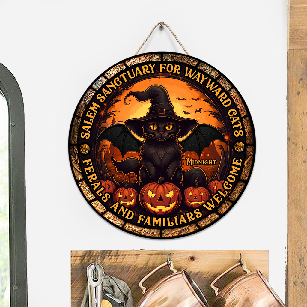 Salem Sanctuary for Wayward Cats - Personalized Black Cat Round Wood Sign