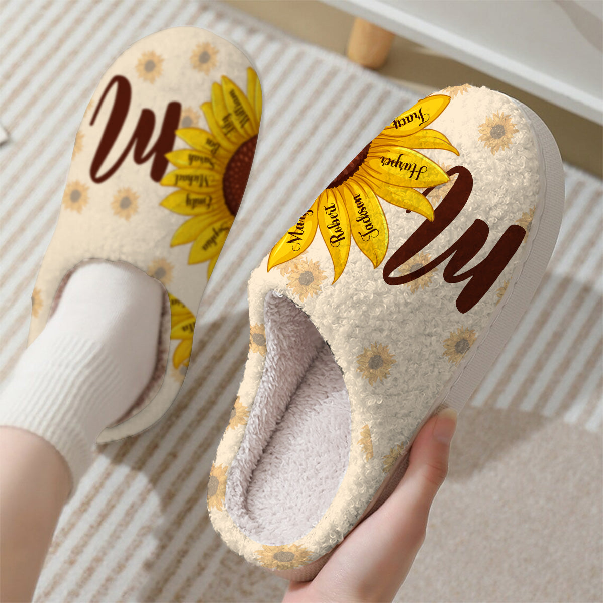 Mother And Children Sunflower And Butterflies - Personalized Mother Slippers