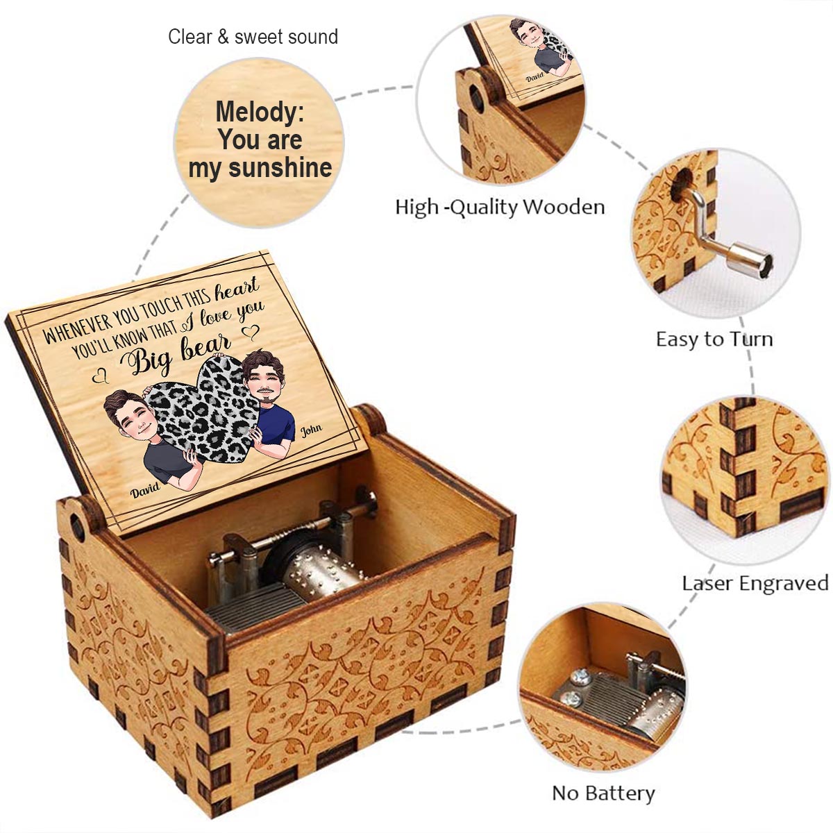 Whenever You Touch This Heart - Gift for mom, grandma, grandpa, daughter, son, granddaughter, grandson, wife, husband, dad, aunt, uncle, sister, brother - Personalized Hand Crank Music Box