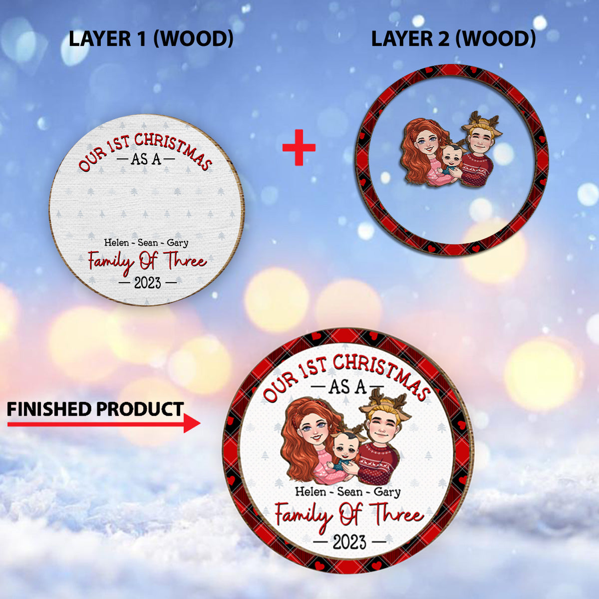1St Christmas As Family Of Three - Gift for Newborn - Personalized 2 Layered Wood Sign / Wood Plaque