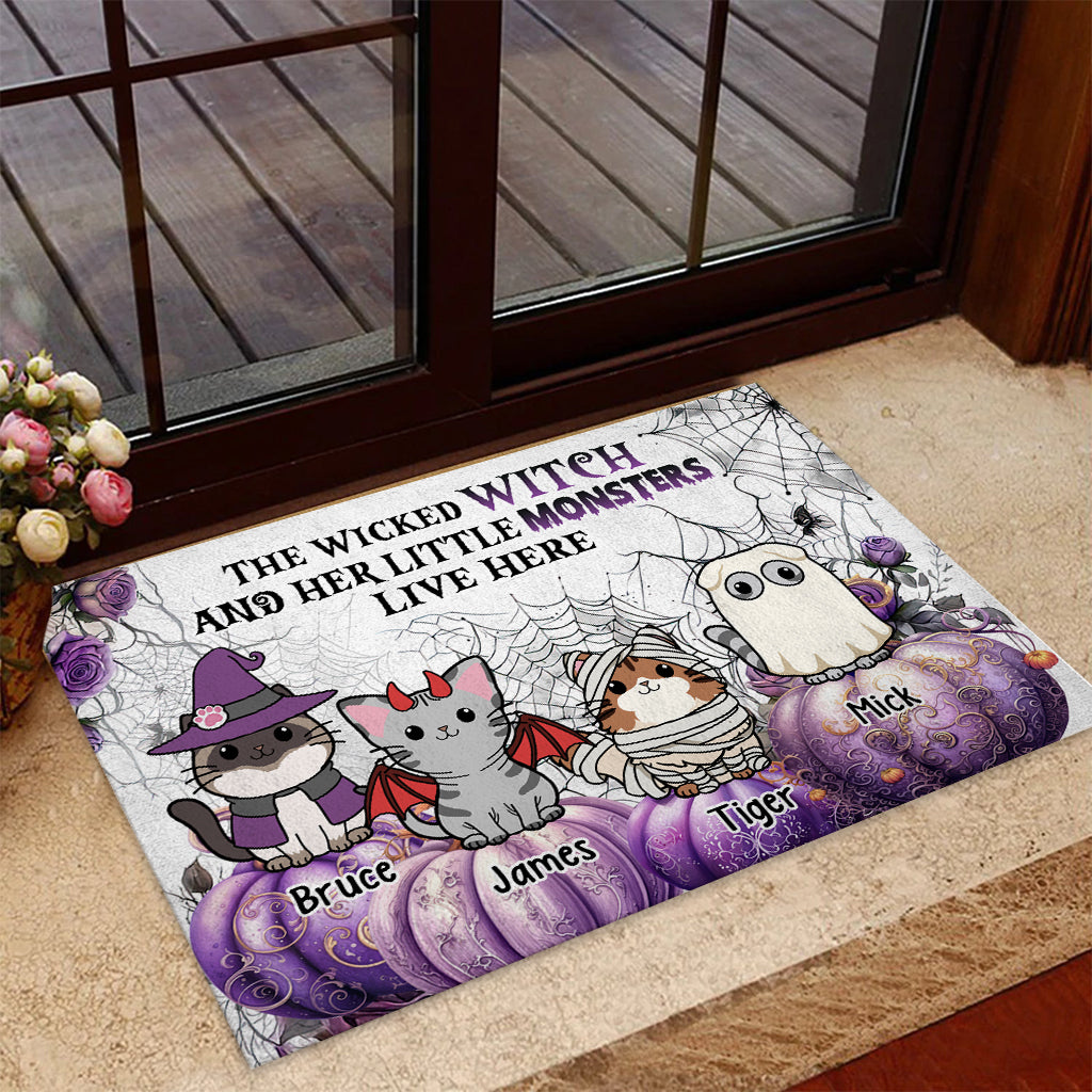 A Wicked Witch And Little Monsters - Personalized Cat Doormat