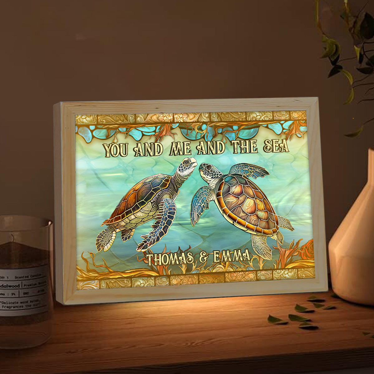 You And Me And The Sea - Personalized Turtle Light Photo Frame
