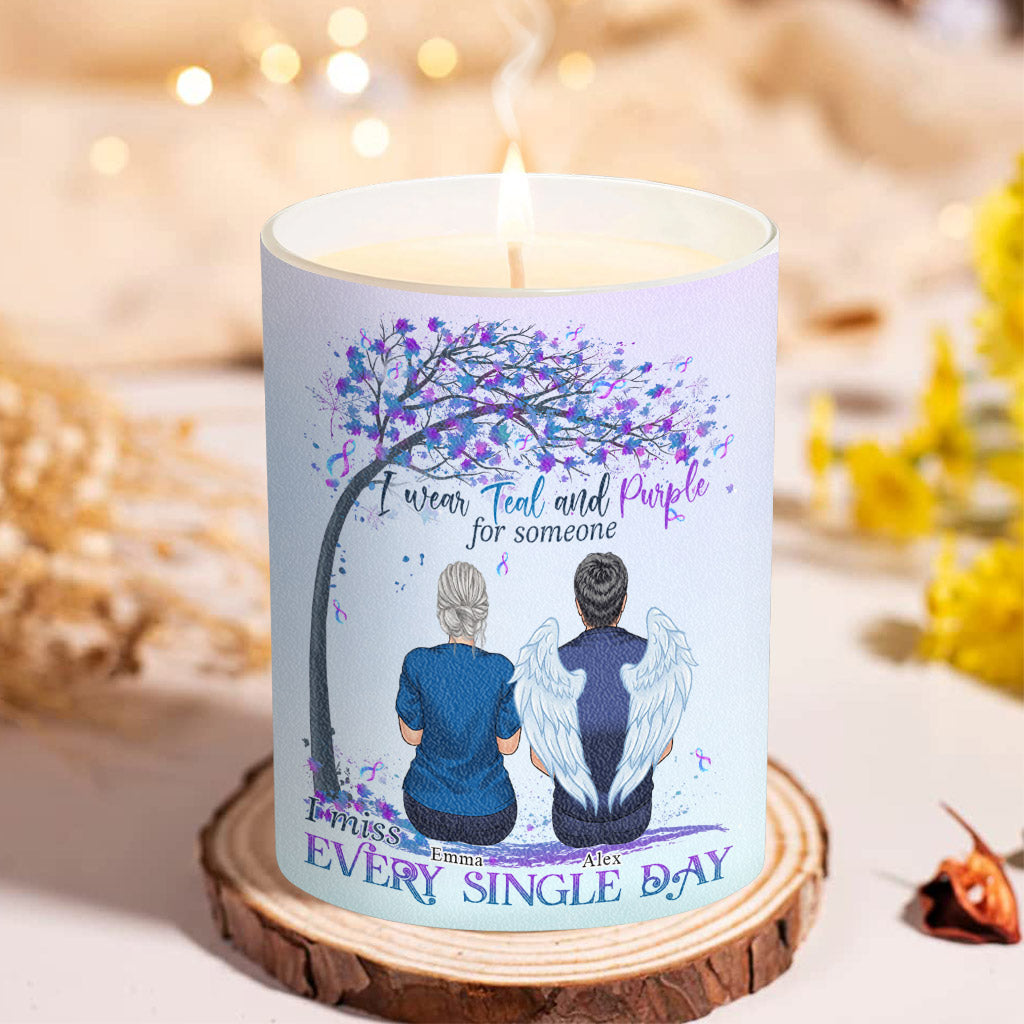 I Wear Teal And Purple - Personalized Suicide Prevention Candle With Wooden Lid
