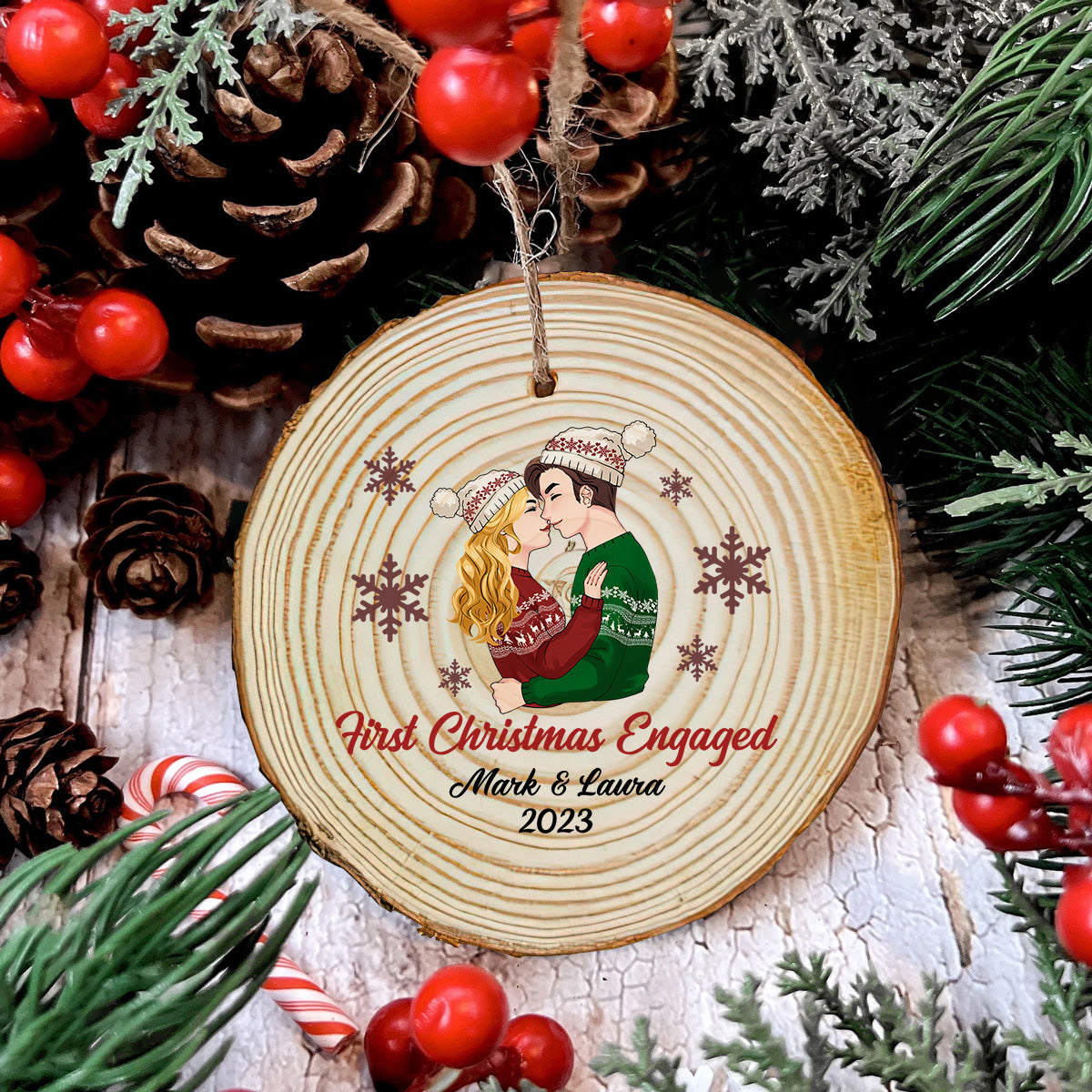 First Christmas Engaged - gift for boyfriend, girlfriend - Personalized Slice Wood Ornament