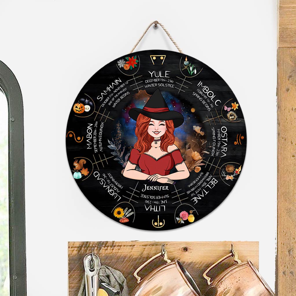 Wheel Of The Year - Personalized Witch Round Wood Sign