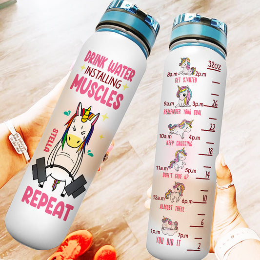 Drink Water Install Muscles Repeat - Personalized Fitness Water Tracker Bottle