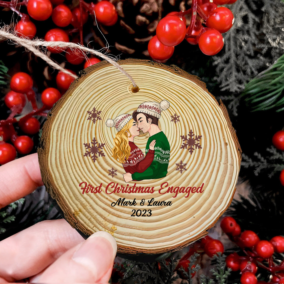 First Christmas Engaged - gift for boyfriend, girlfriend - Personalized Slice Wood Ornament