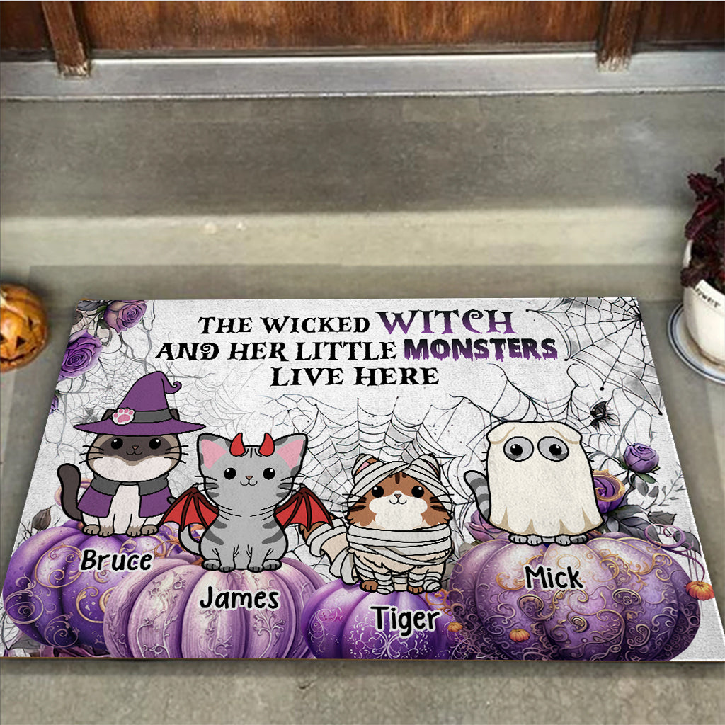 A Wicked Witch And Little Monsters - Personalized Cat Doormat