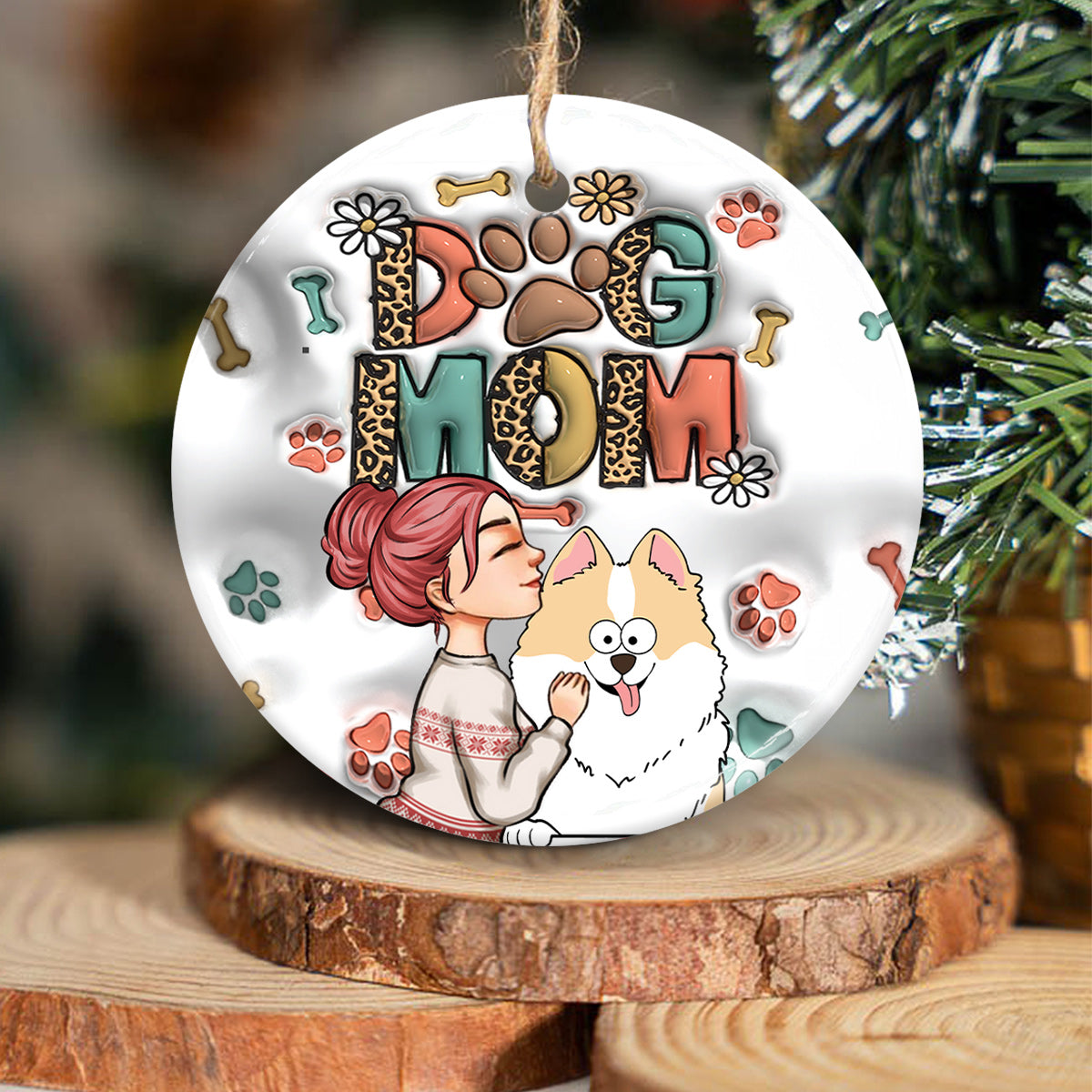 Dog Mom Cat Mom Inflated - Gift for dog lovers, cat lover - Personalized Ceramic Circle Ornament