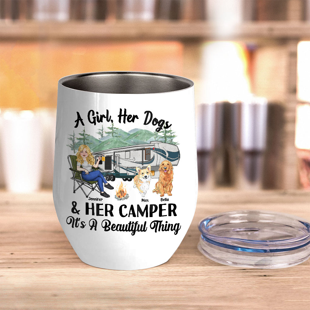 A Girl Her Dog And Her Camper - Camping gift for dog lover - Personalized Wine Tumbler