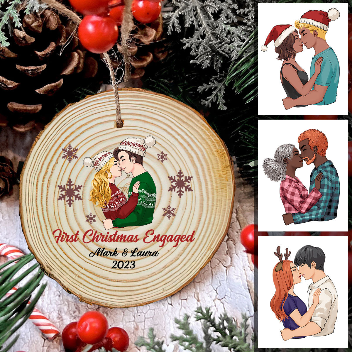 First Christmas Engaged - gift for boyfriend, girlfriend - Personalized Slice Wood Ornament