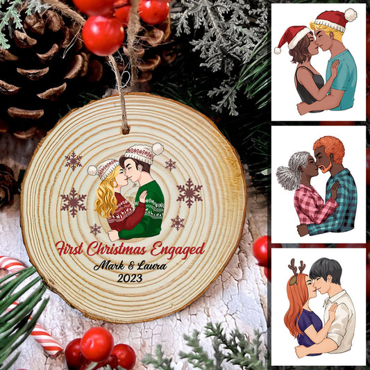 First Christmas Engaged - gift for boyfriend, girlfriend - Personalized Slice Wood Ornament