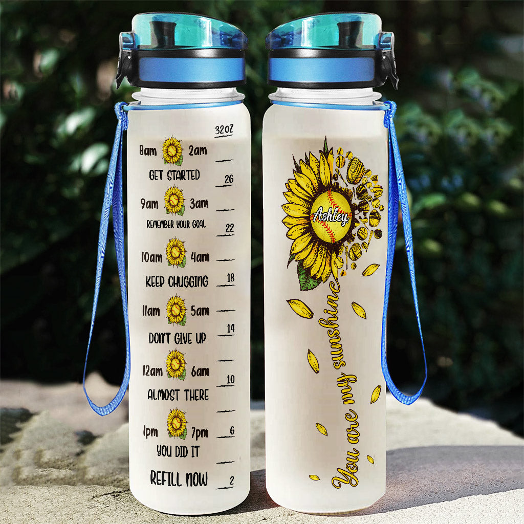You Are My Sunshine Softball - Personalized Softball Water Tracker Bottle