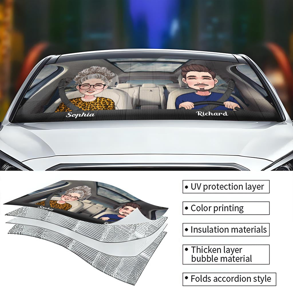 Adventure Awaits - Husband And Wife gift for wife, husband, girlfriend, boyfriend, mom, dad - Personalized Car Sunshade