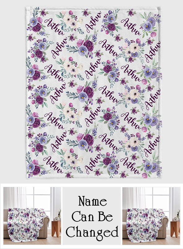 Custom Name Purple Flowers - Personalized Kid Blanket