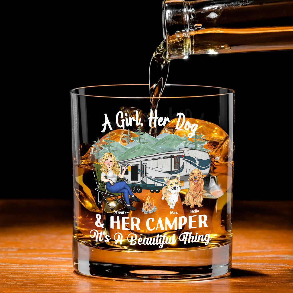 A Girl Her Dog And Her Camper - Camping gift for dog lover - Personalized Rock Glass
