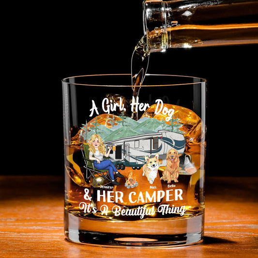 A Girl Her Dog And Her Camper - Camping gift for dog lover - Personalized Rock Glass