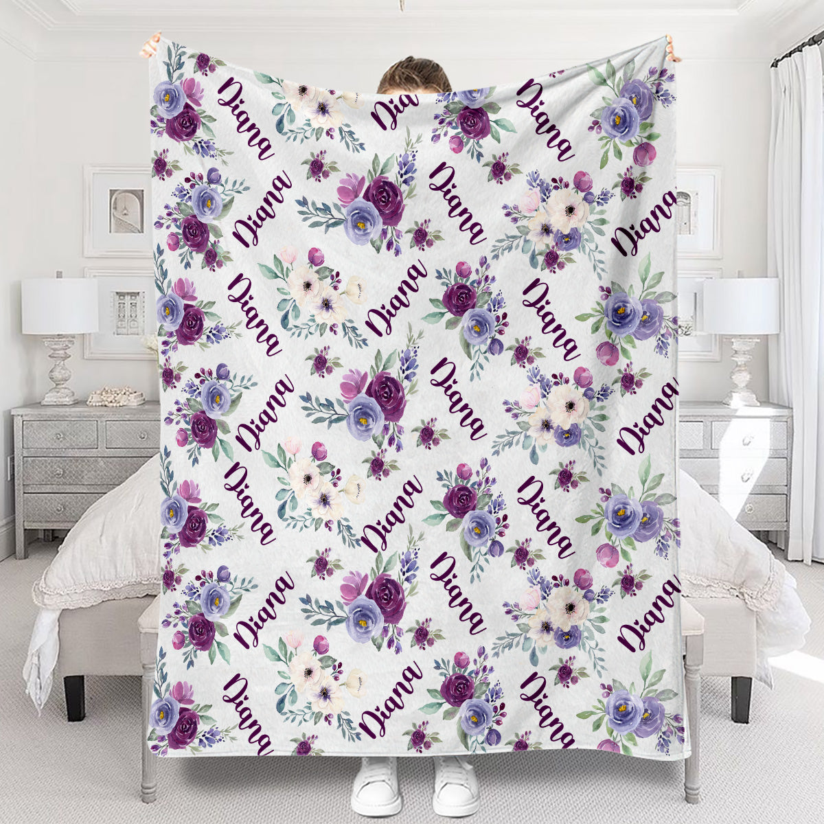 Custom Name Purple Flowers - Personalized Bestie Blanket