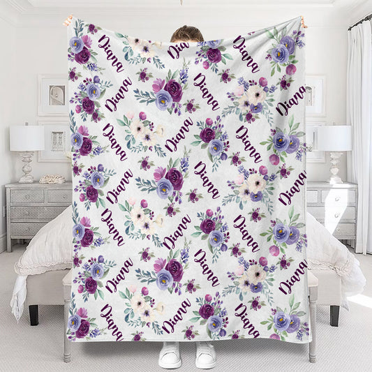 Custom Name Purple Flowers - Personalized Bestie Blanket