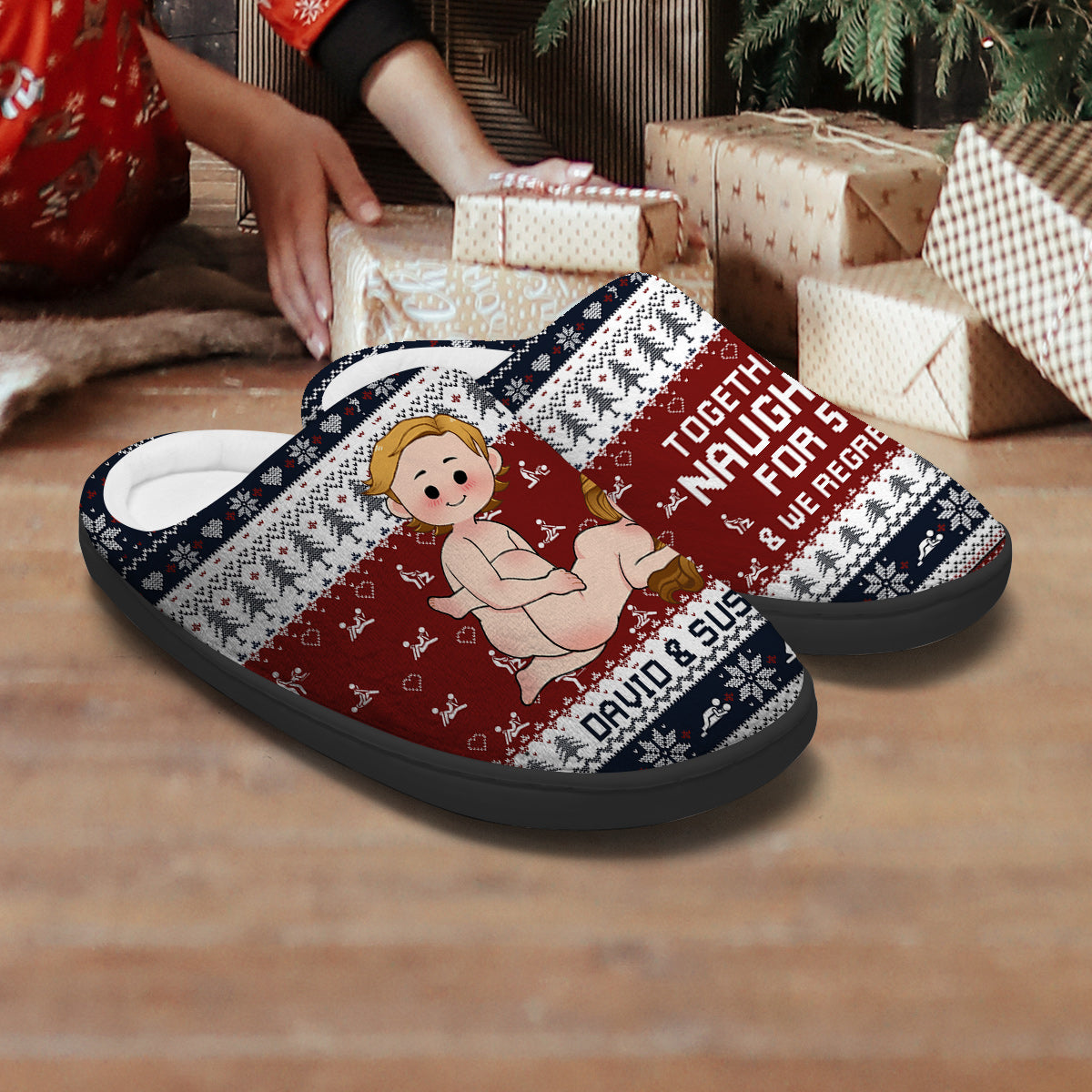Together On The Naughty List For Years - Personalized Couple Slippers