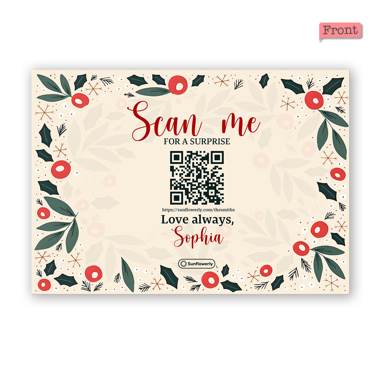 Merry Christmas Leaf & Berries - Personalized QR Greeting Card