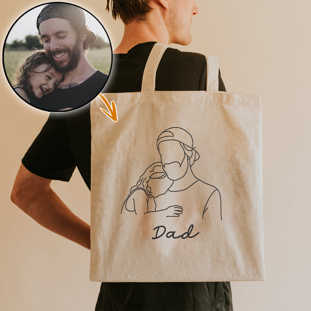 Custom Photo Line Art - Personalized Step Dad Embroidered Tote Bag