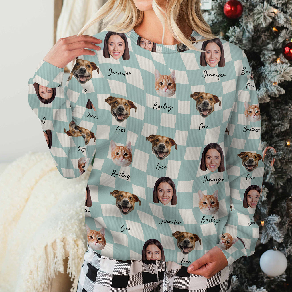 Any Photo Upload On Plaid Pattern With Many Background Color - Personalized Cat Ugly Sweater